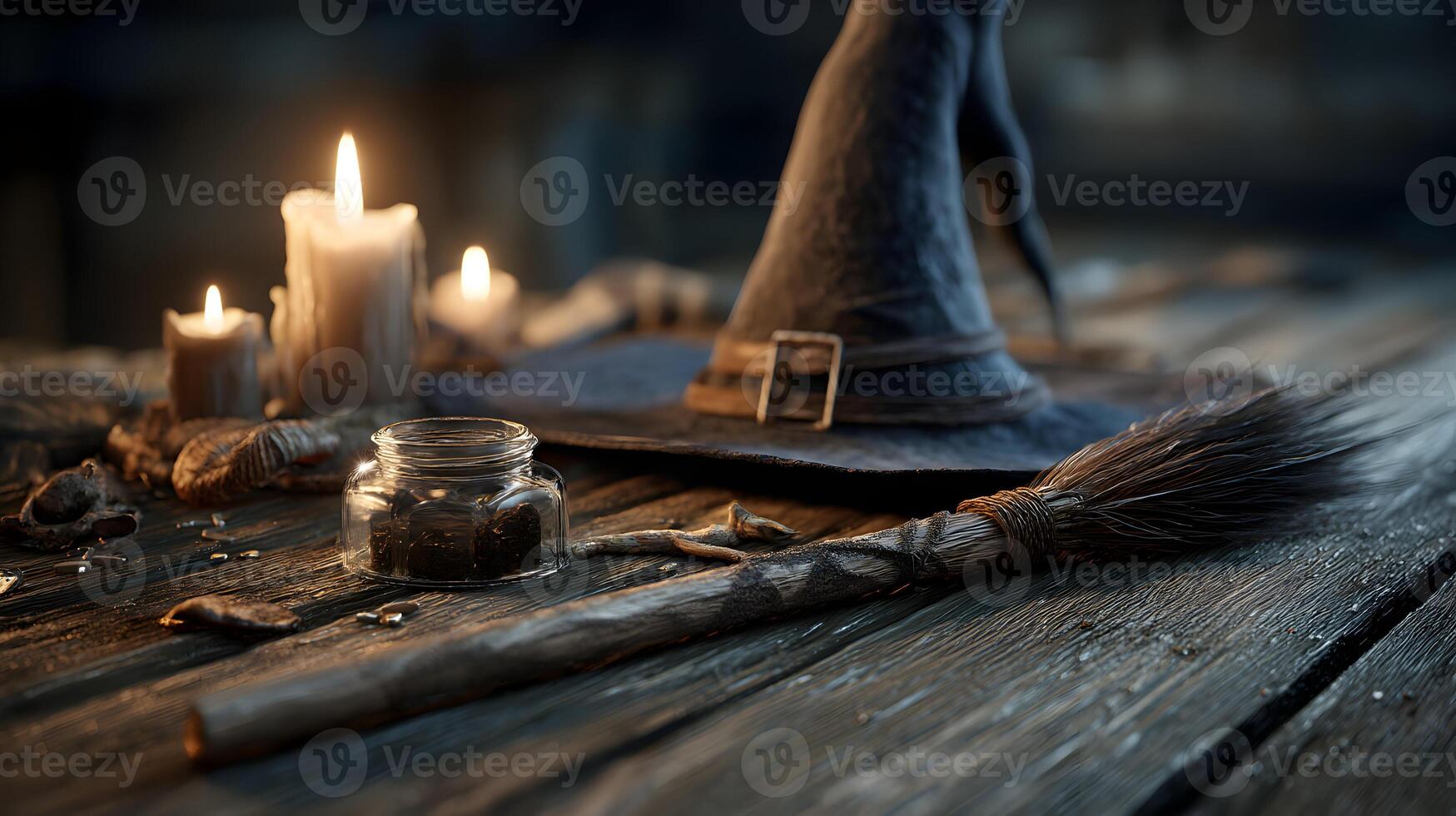Mystic ambience a halloween still life featuring a witch's hat broom candles and potion creating a magical scene photo