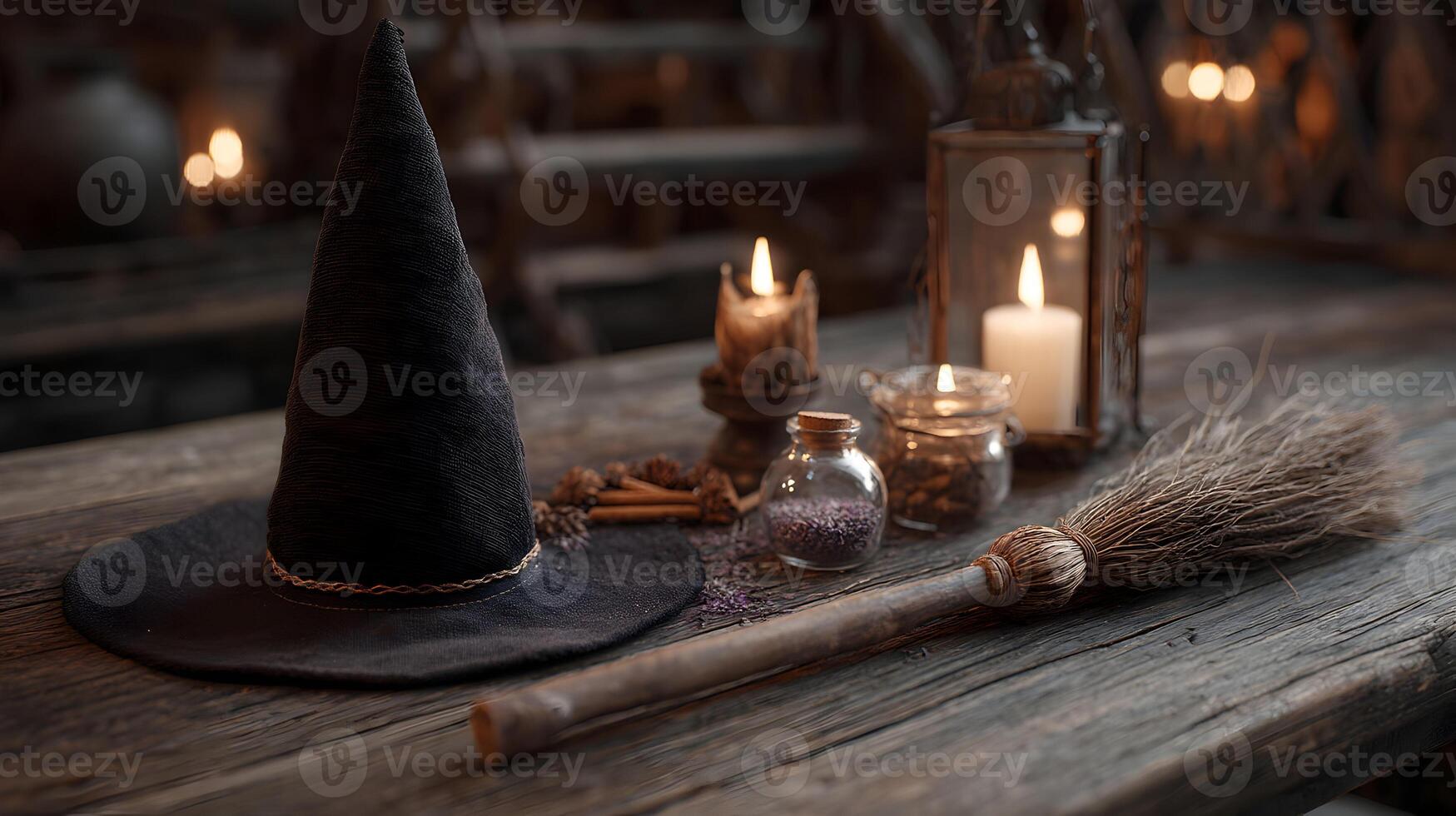 Enchanting halloween setup with witch hat broom candles jars and rustic wooden table creating a spooky atmosphere photo