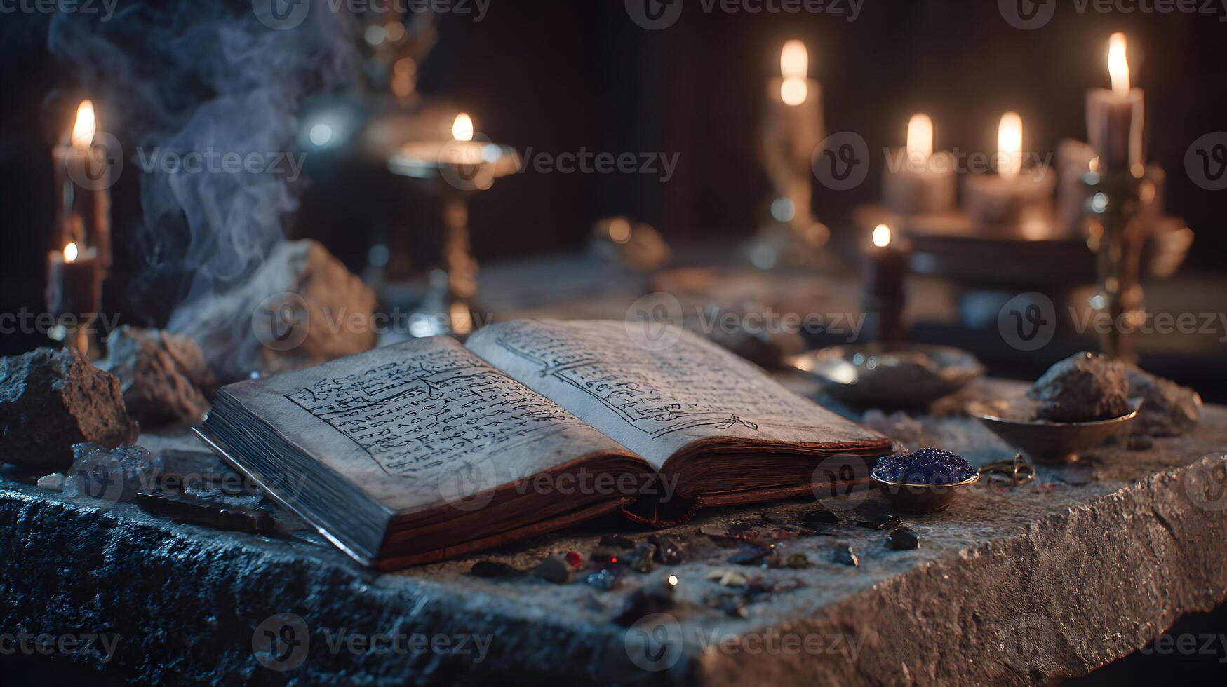 An ancient spellbook lays open amidst lit candles and magical artifacts in a dimly lit chamber photo