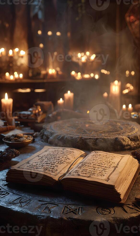 Mystical ambiance with ancient grimoire amidst flickering candles casting enchanting shadows in a dim lit space photo
