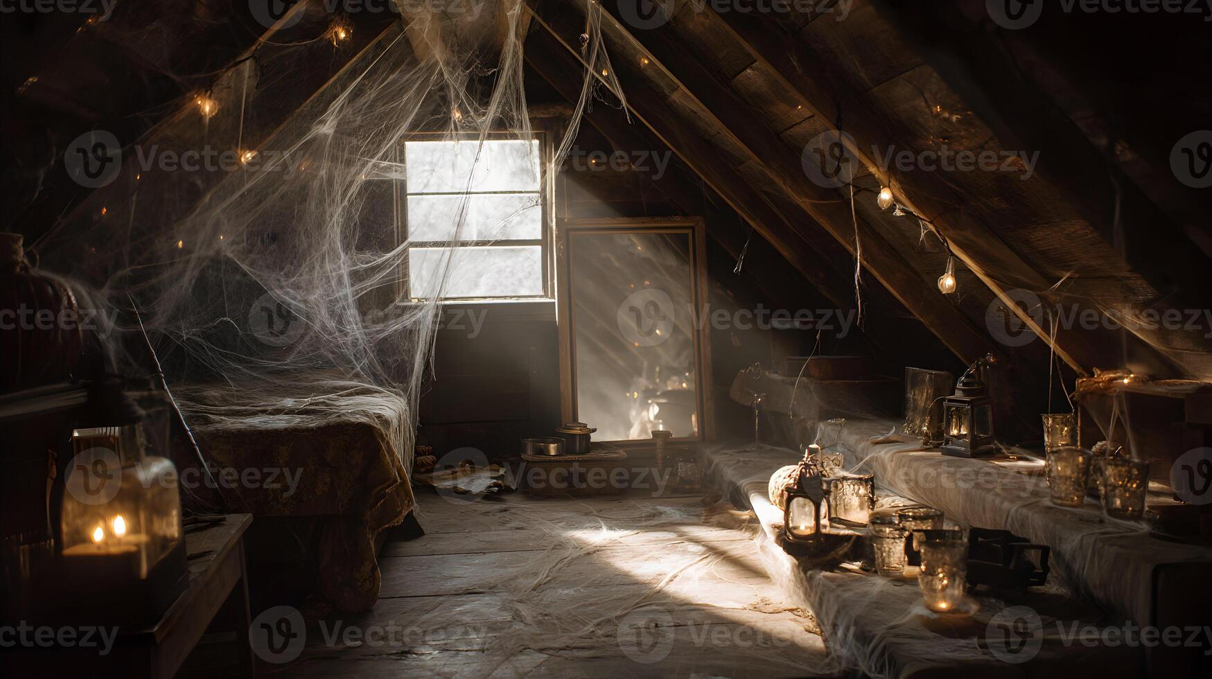 Atmospheric old attic interior with cobwebs and lighting, a spooky abandoned room filled with memories photo