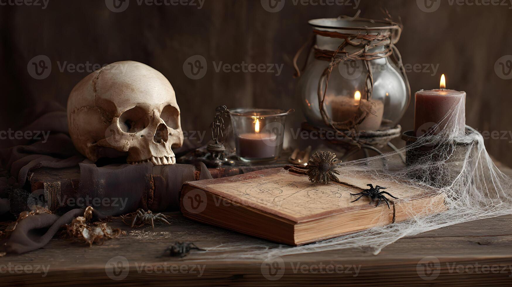 A spooky halloween still life composition featuring a skull book spider web and candle light creating a halloween atmosphere photo