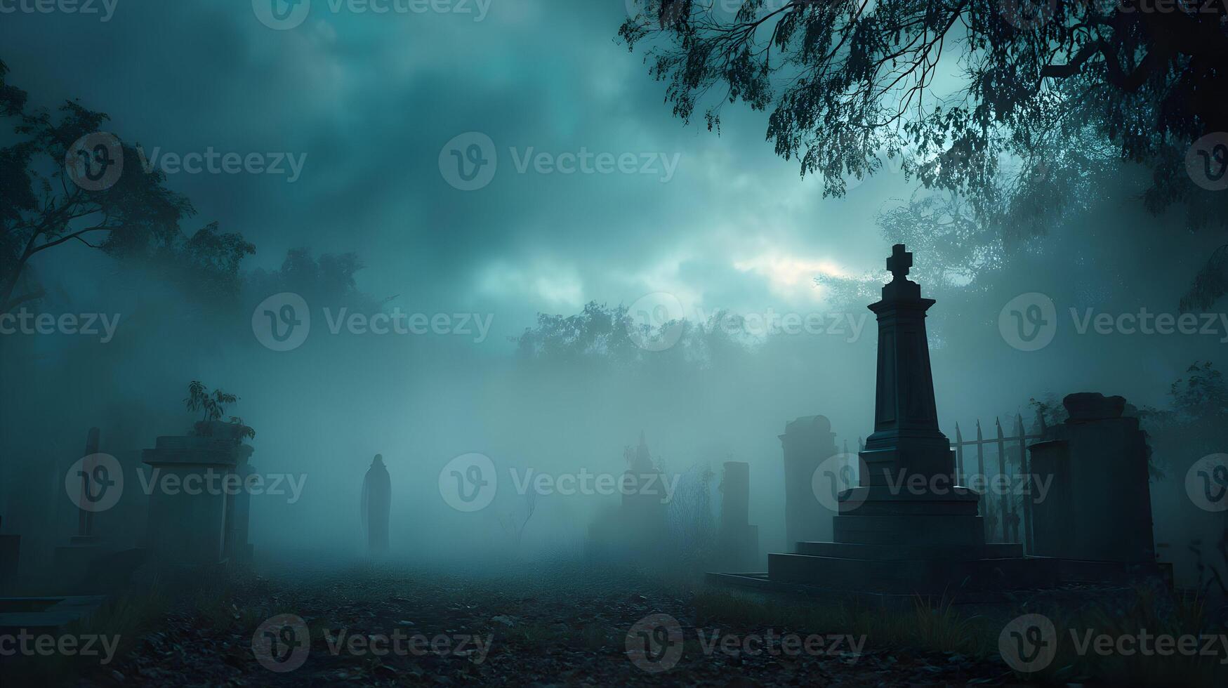 Mysterious graveyard shrouded in dense fog creating an eerie atmosphere with ancient tombstones present photo