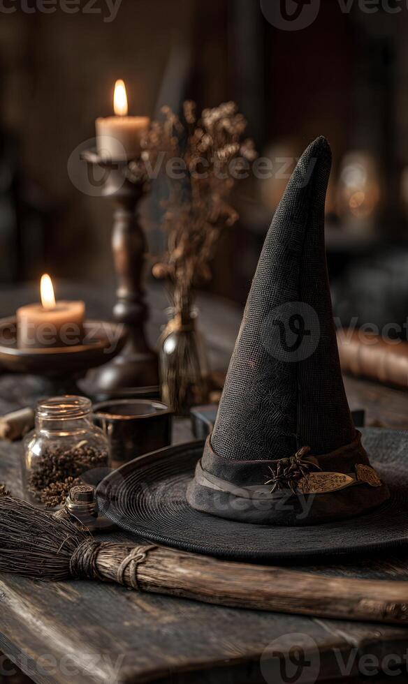 Enchanting Halloween Still Life Featuring Witch Hat Candles and Magical Elements on Rustic Wooden Table photo