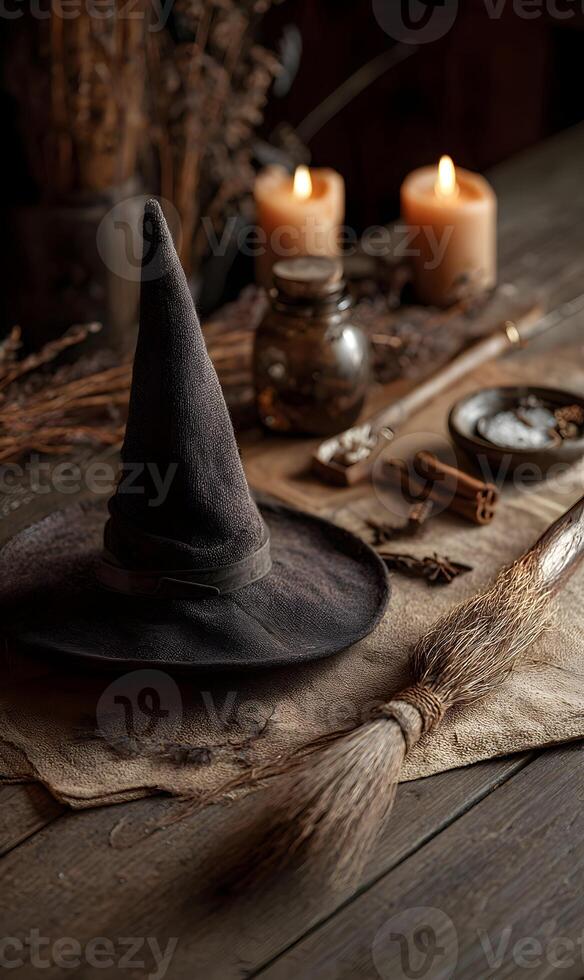 Enchanting Witchcraft Still Life Depicting Mystical Tools and Ritualistic Objects Illuminated by Candlelight and Rustic Charm photo