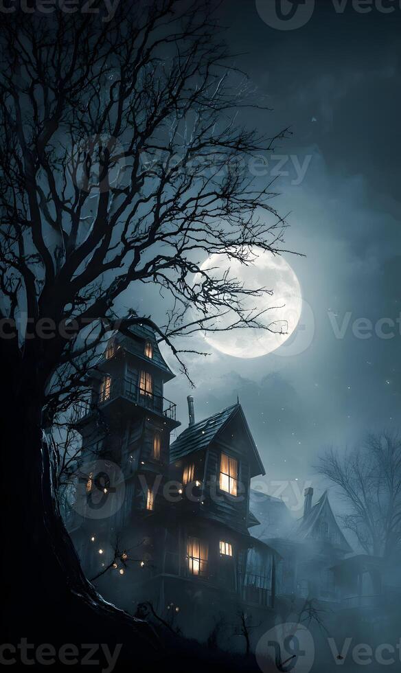 Eerie mansion illuminated by the moon with a looming presence evoking a sense of mystery and apprehension photo