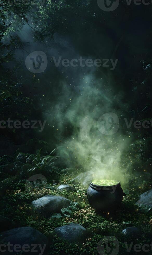Mystical cauldron in an enchanted forest brewing magic potion surrounded by atmospheric green fog and mystical light photo