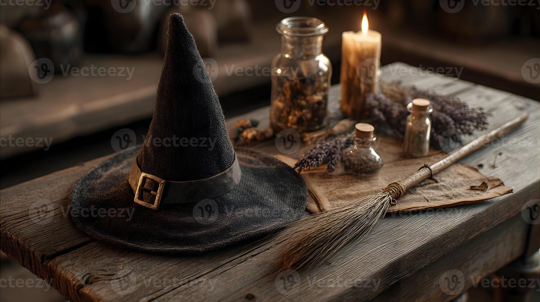 An enchanting scene of witchcraft with a witch's hat broom lavender candle and various potion bottles photo