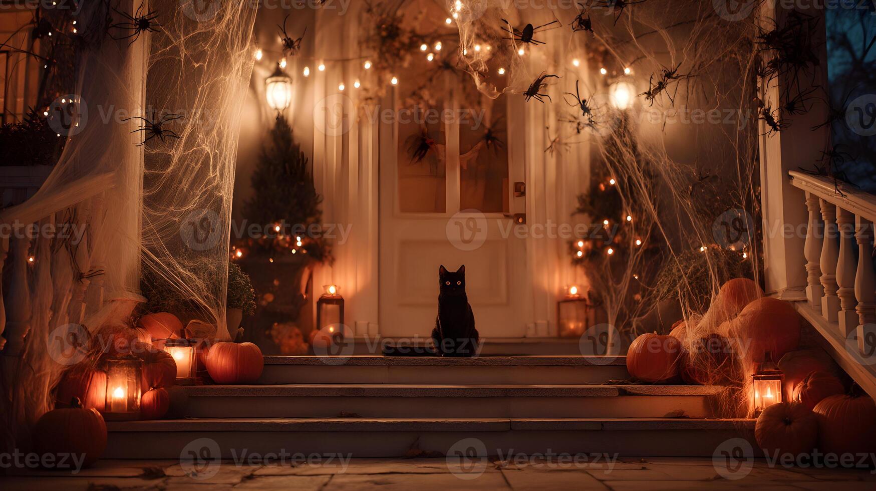 Front porch of a house decorated for Halloween with a black cat sitting guard on the steps photo