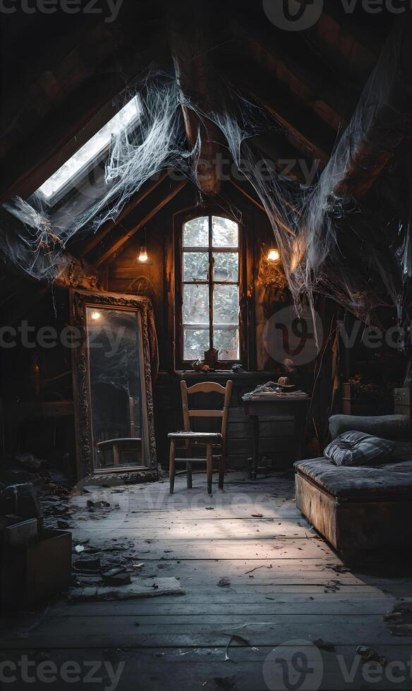 Creepy attic scene displaying a vintage chair beneath the window with spiderwebs and dust showcasing decay, eerie atmosphere and haunting beauty photo