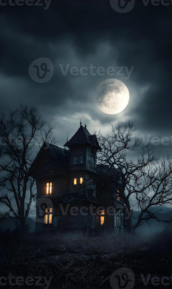 Eerie haunted house illuminated by a full moon casts a spooky and ominous silhouette against dark sky photo