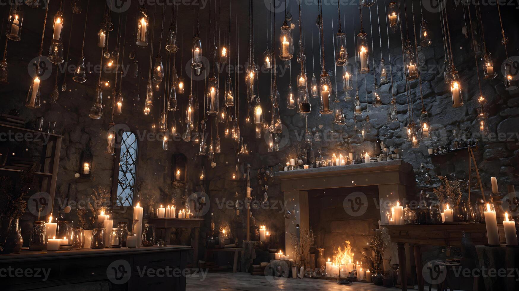 An enchanting ambiance with hanging candles illuminating a stone chamber fostering warmth and serenity photo