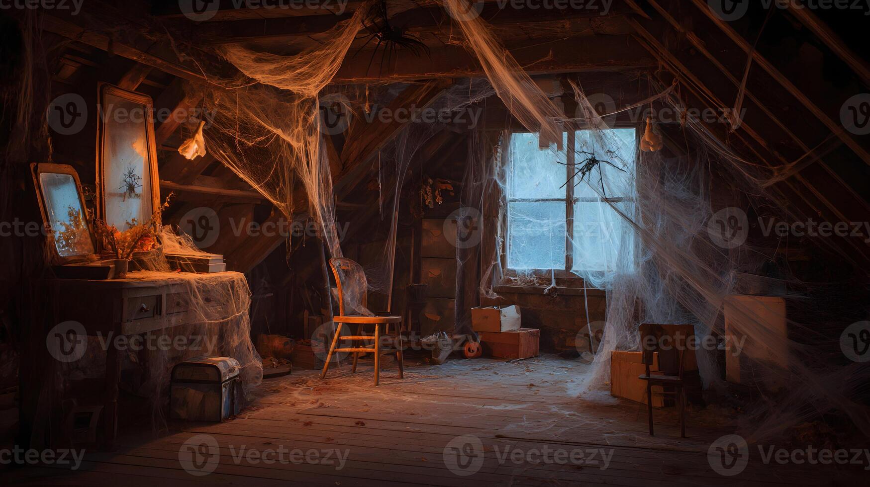 Spooky attic scene with cobwebs covering furniture and window creating a haunted Halloween atmosphere photo