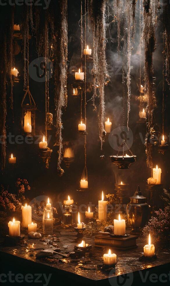 Enchanting ambiance of softly glowing candles in a dimly lit, mystical space filled with hanging foliage and atmosphere photo