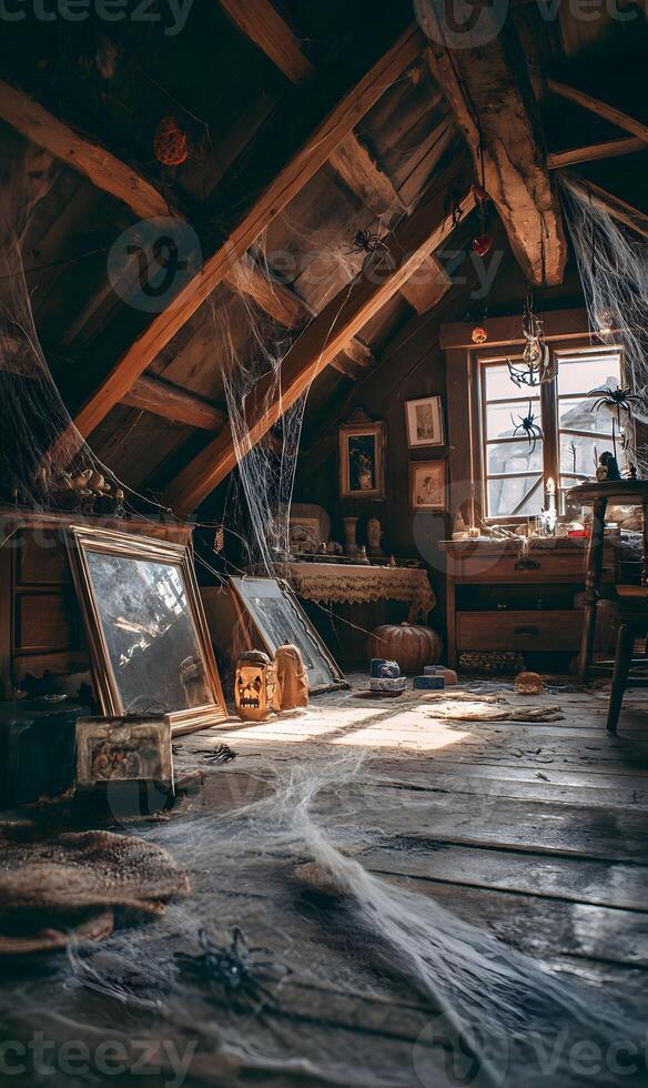 Spooky attic scene with vintage furniture bathed in soft sunlight creating a haunted yet beautiful ambiance photo