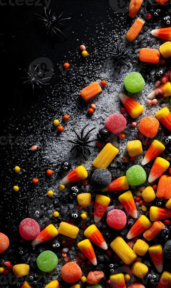An enchanting arrangement of halloween candies and playful spiders scattered on a mysterious dark surface backdrop photo