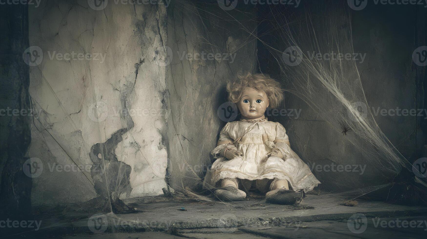 A lonely antique doll sits amidst cobwebs and disrepair in an old and forgotten room photo