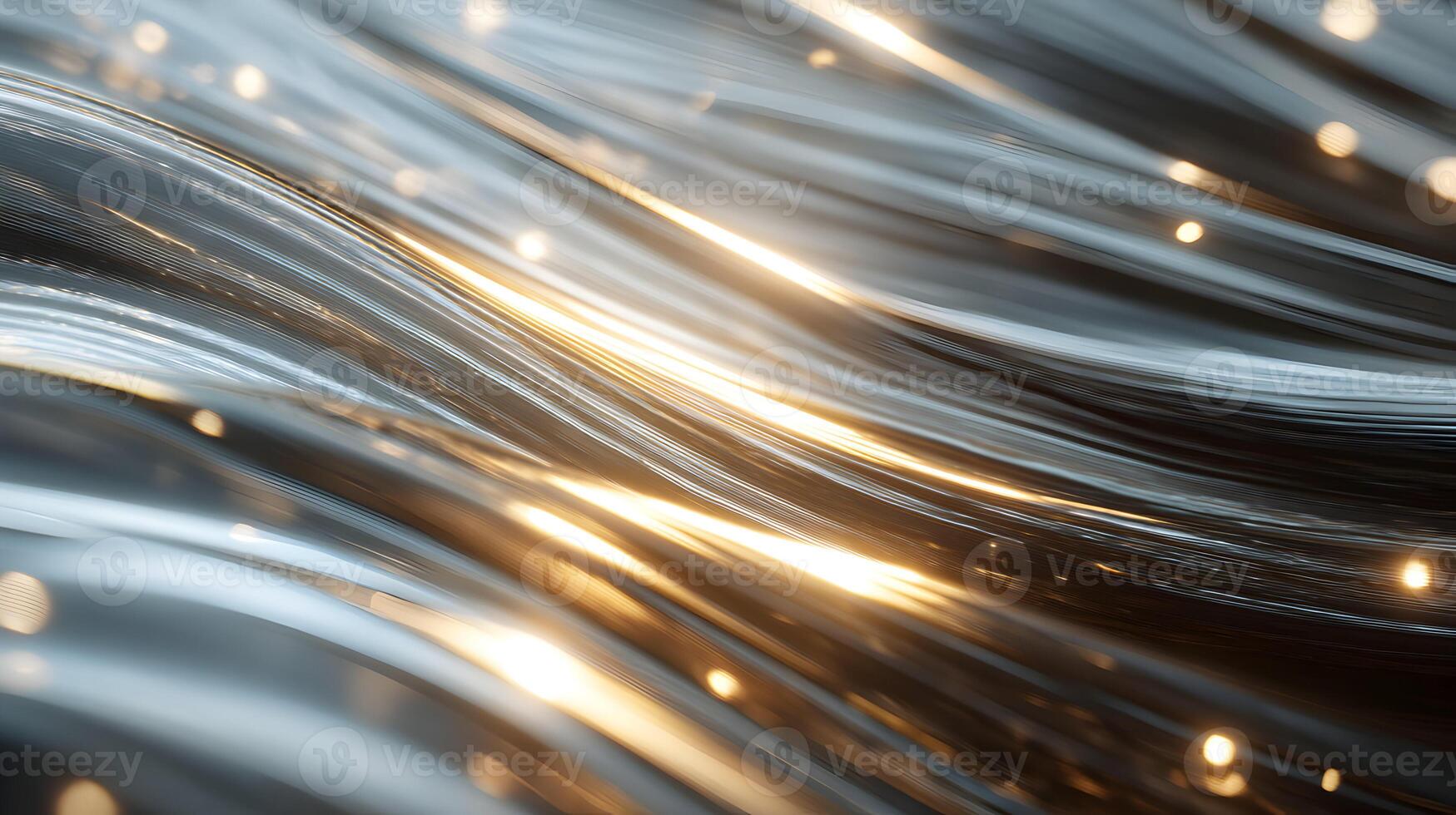 Abstract shimmering metallic waves with golden light reflections create a futuristic sleek design photo