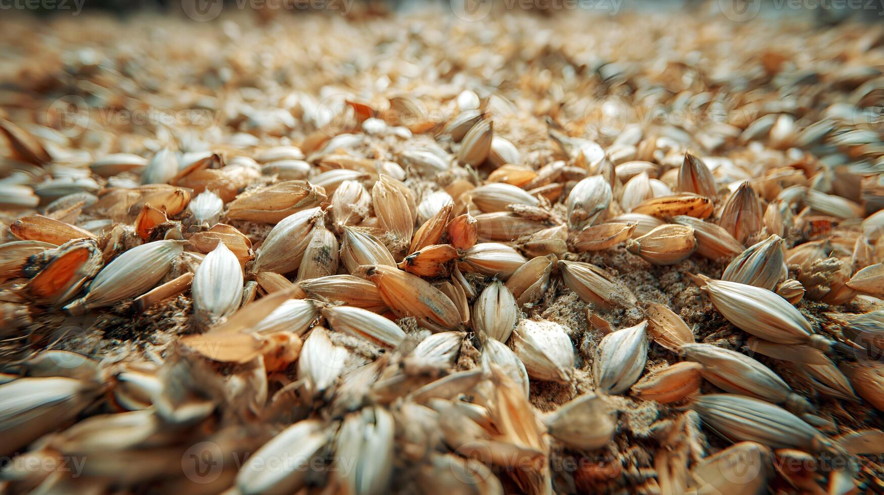 Close up macro shot of scattered malted barley grains used in beer brewing process background texture photo