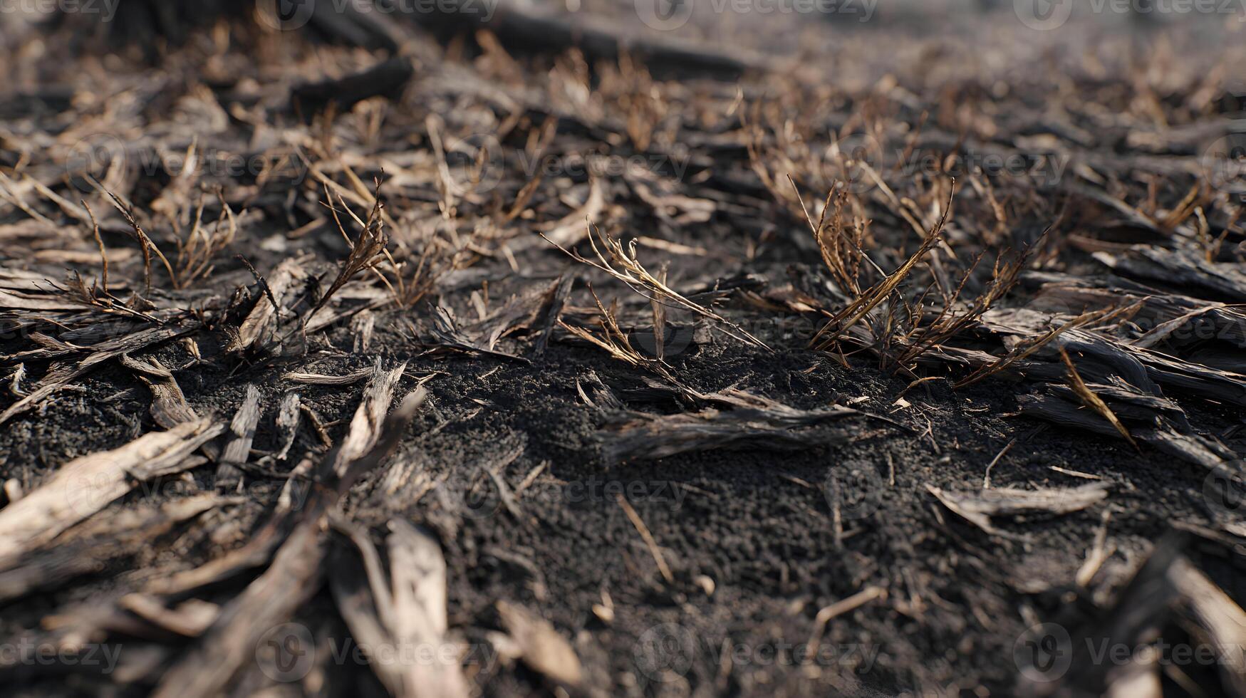 Barren landscape showing the effects of wildfires, an abstract detail shot of ashy ground photo