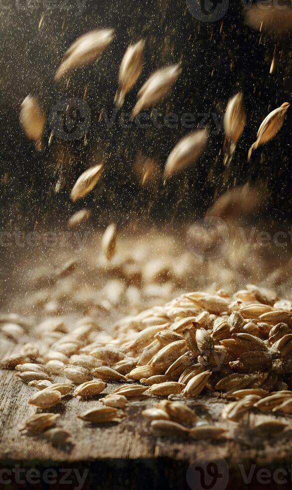 Golden cascade of barley seeds falling onto a rustic wooden surface creating a mesmerizing pattern photo