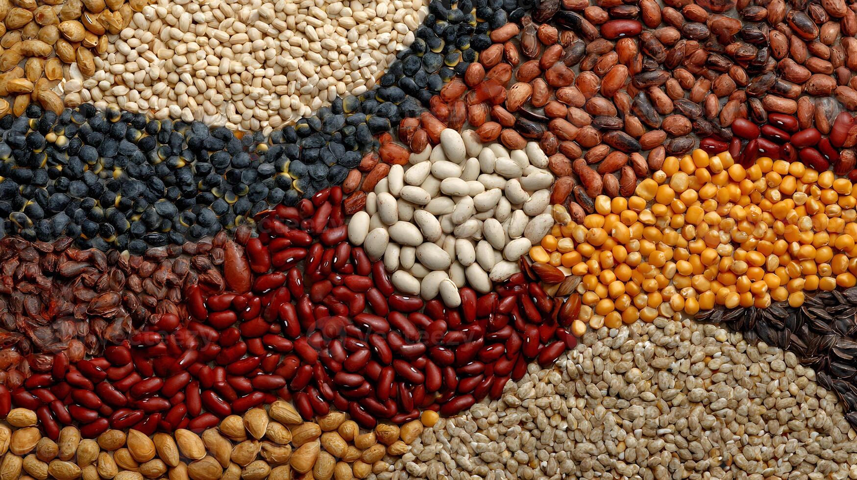 An artistic arrangement of diverse dried beans and seeds creating a mosaic texture pattern forming vibrant organic shapes photo
