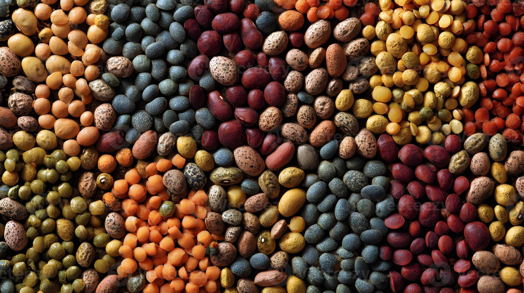 Colorful assortment of dried beans and lentils create a vibrant textured background for nutrition concepts photo