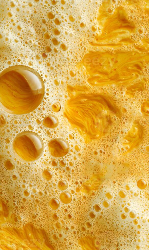 Golden bubbles reflecting light create an abstract textural background perfect for various artistic projects and designs photo