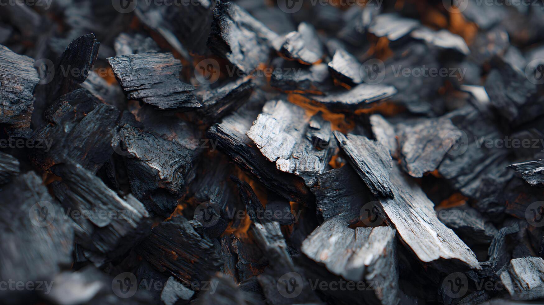 Burning embers glow softly beneath a pile of charcoal creating an intriguing abstract pattern photo