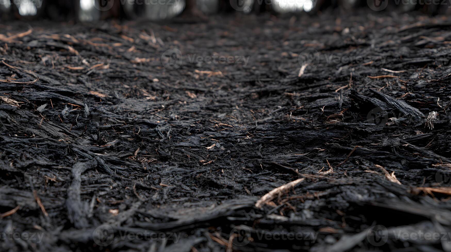 Aftermath of a wildfire shows charred remains of forest floor following a devastating fire event photo