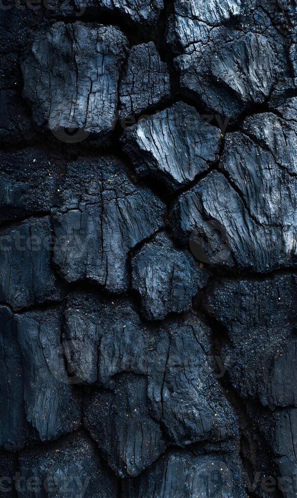 Intriguing textural interplay of charred wood revealing intricate patterns and emphasizing the transformative effects of fire's relentless touch photo