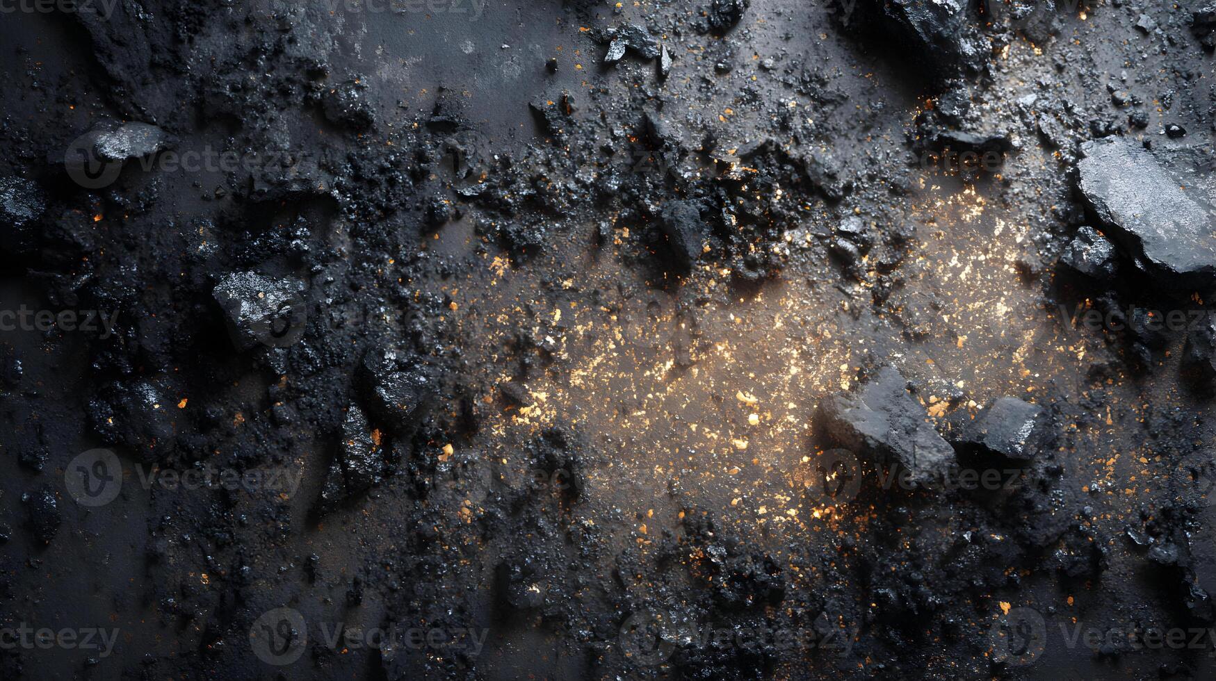 Dramatic close up of shiny black coal with glimmering gold flecks creating contrast and texture photo