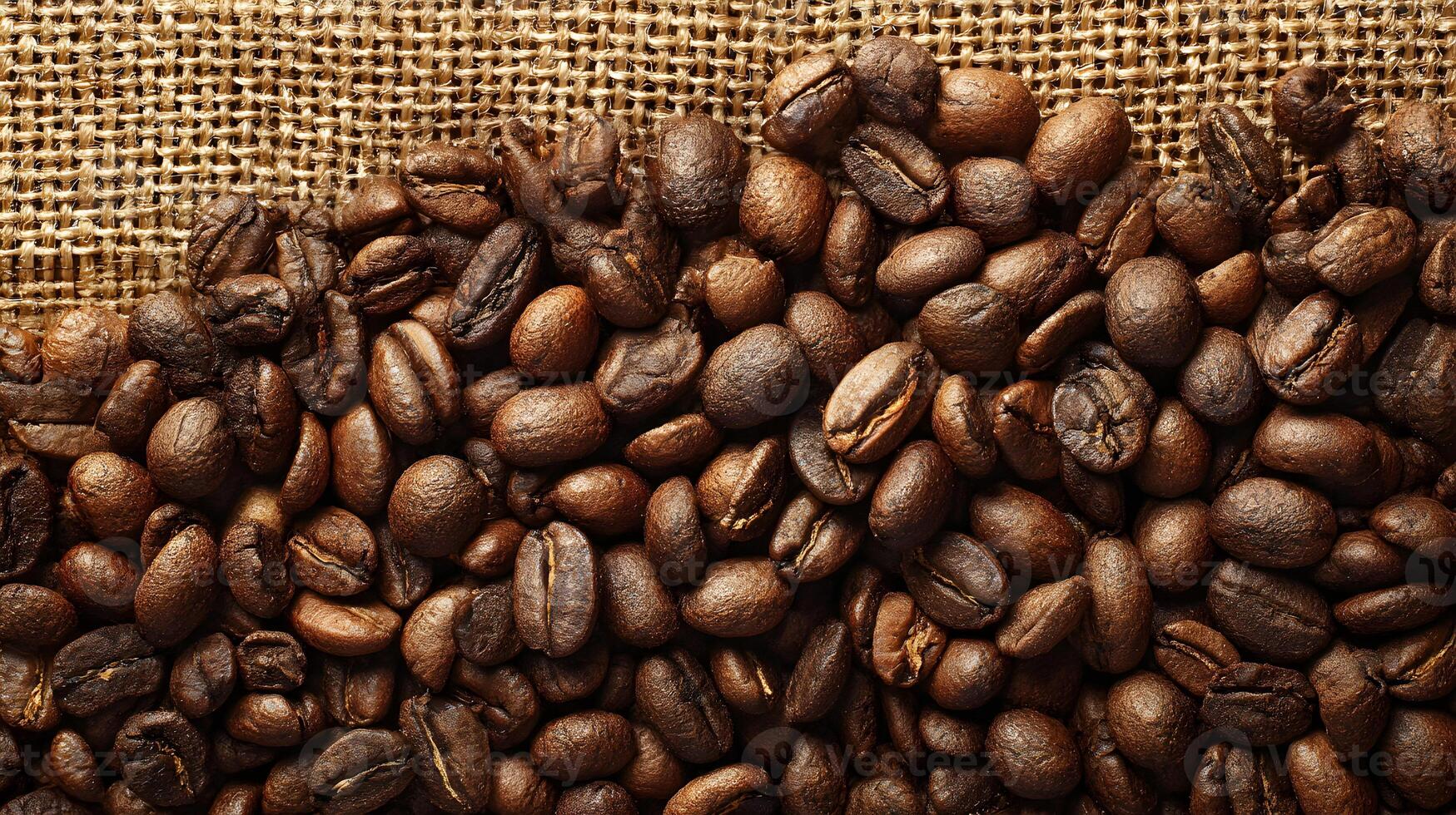 Aromatic coffee beans on burlap sack creating a warm and inviting texture background image photo