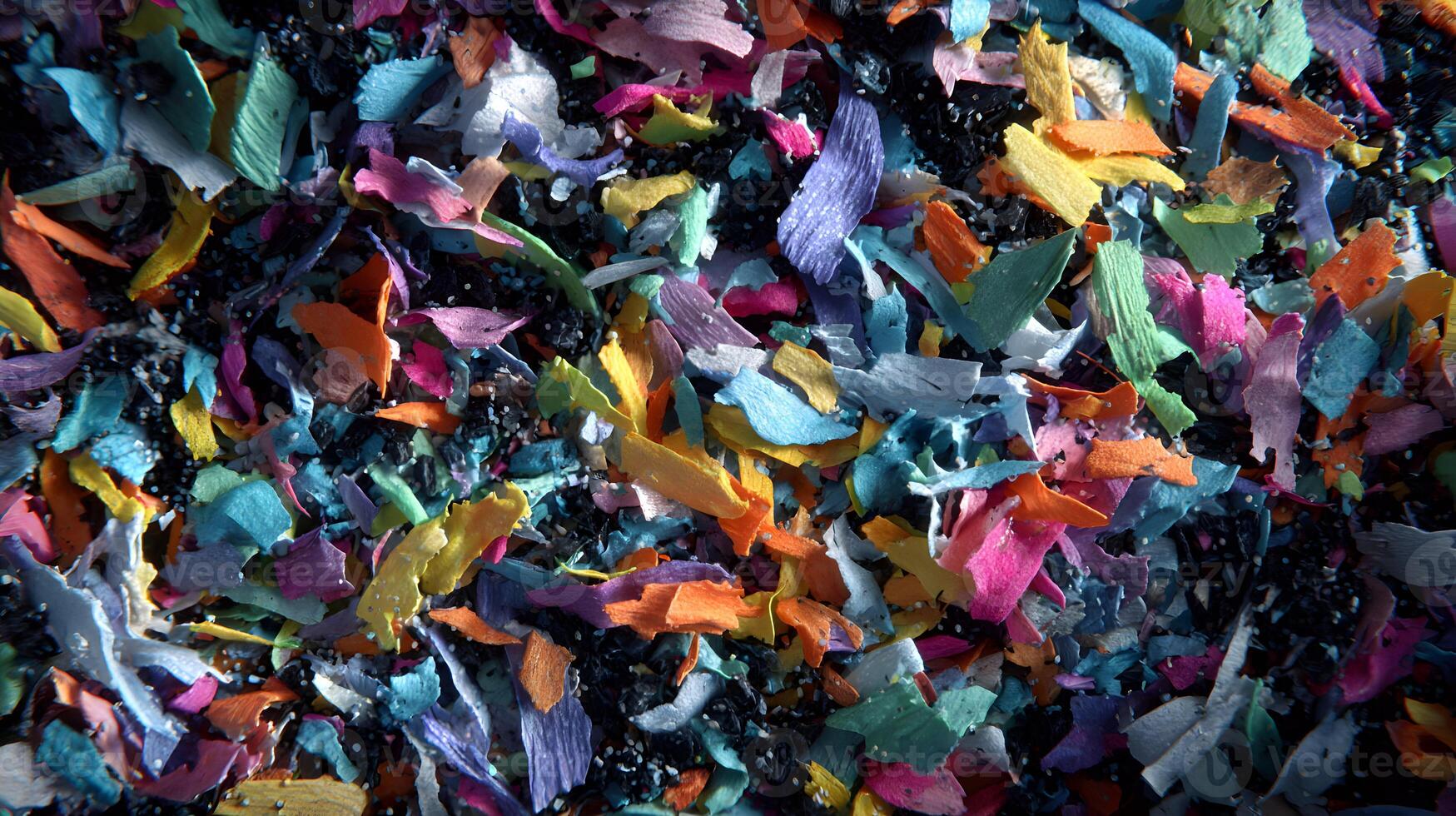 Vibrant confetti explosion scattering across a dark surface creating a captivating multicolored artistic pattern photo