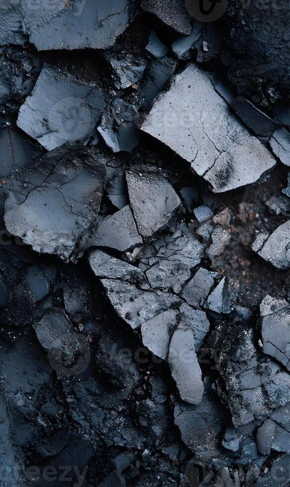 Cracked earth fragments showcase a dark gray abstract pattern with rough textures and sharp edges displaying natural decay photo