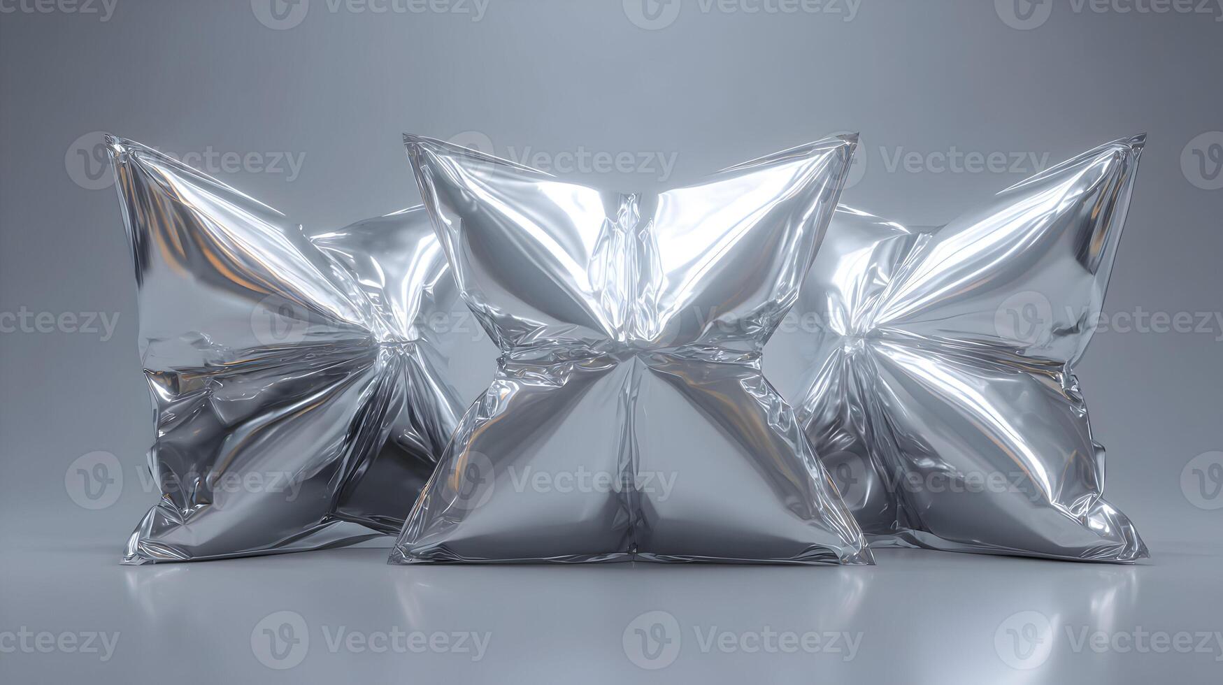 Sleek silver foil packaging in a minimalist studio setting, highlighting metallic textures and sharp forms photo