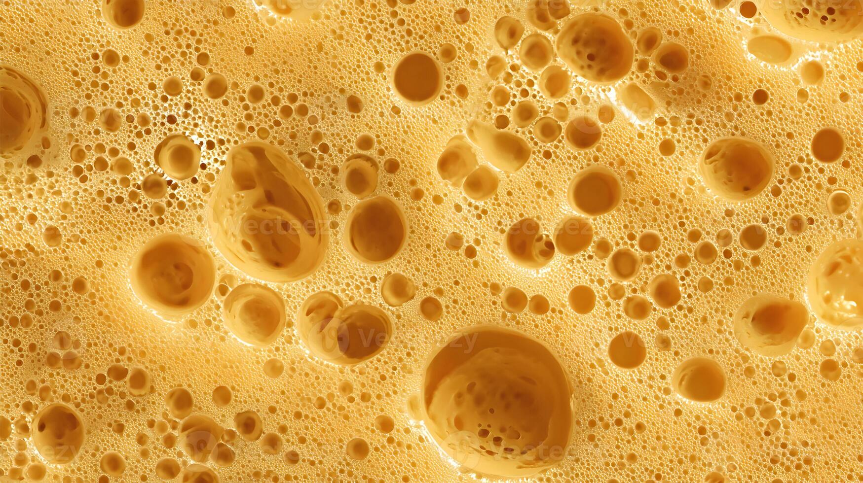Macro shot capturing the intricate detail of beer foam texture with varied bubble sizes and golden hues photo