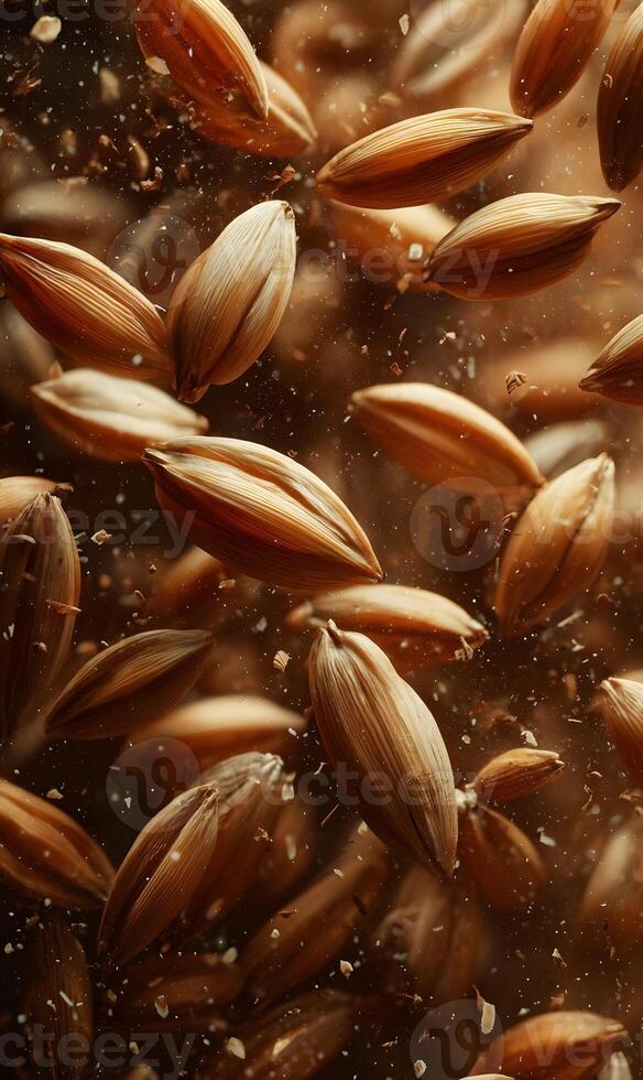 Close up capturing golden grains floating in a dark liquid emphasizing texture and amber color palette photo