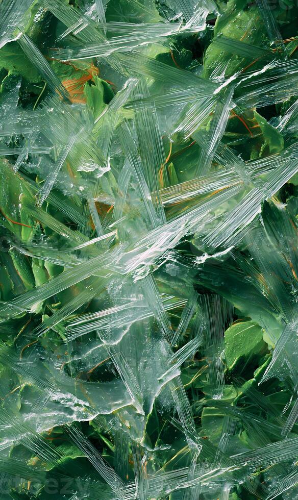 Abstract nature scene featuring sharp translucent ice shards on vibrant green foliage creating a dynamic surface photo