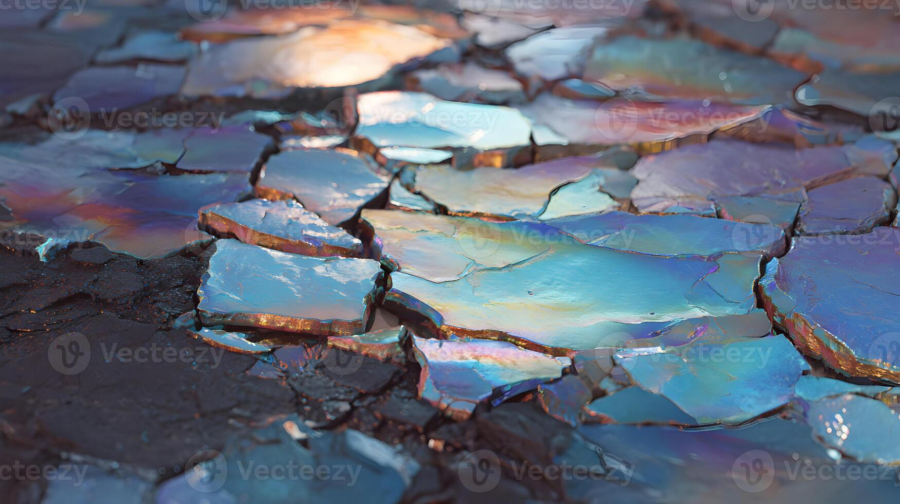 Iridescent Fragments Shimmering on Dark Ground, a Captivating Play of Light and Textural Contrast photo