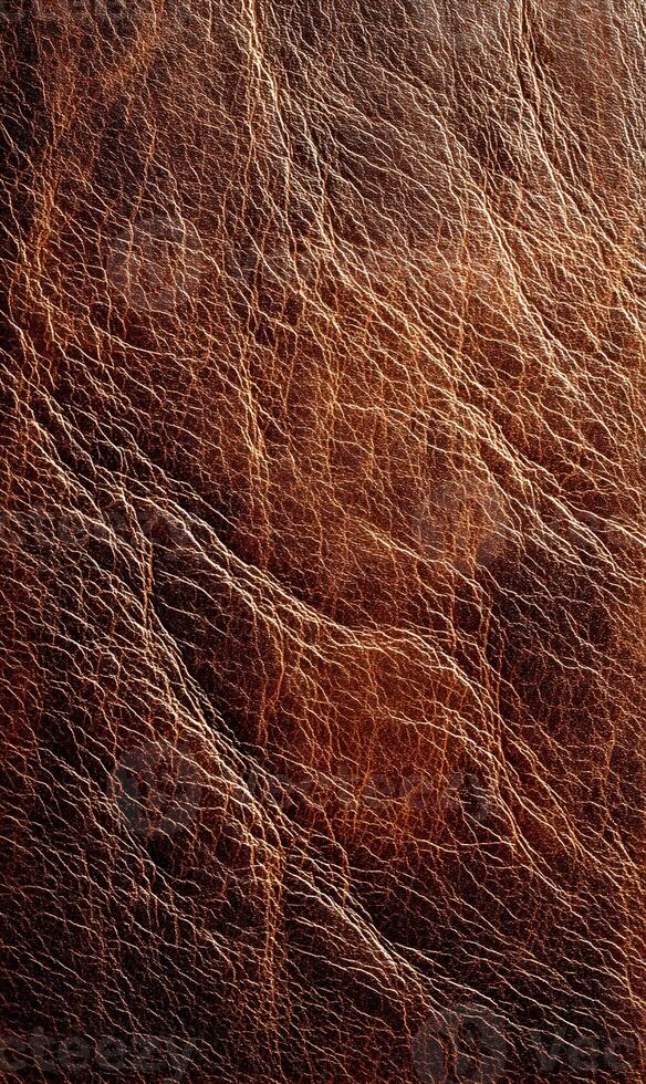 Detailed close up of rich brown leather texture showing natural grain patterns and subtle color variations for backgrounds photo