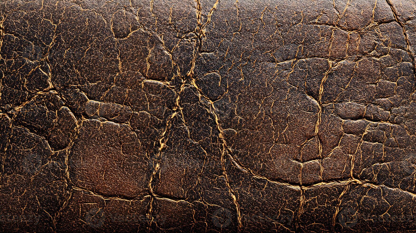 A luxurious dark brown leather texture with intricate cracks and patterns creating an aged vintage look photo