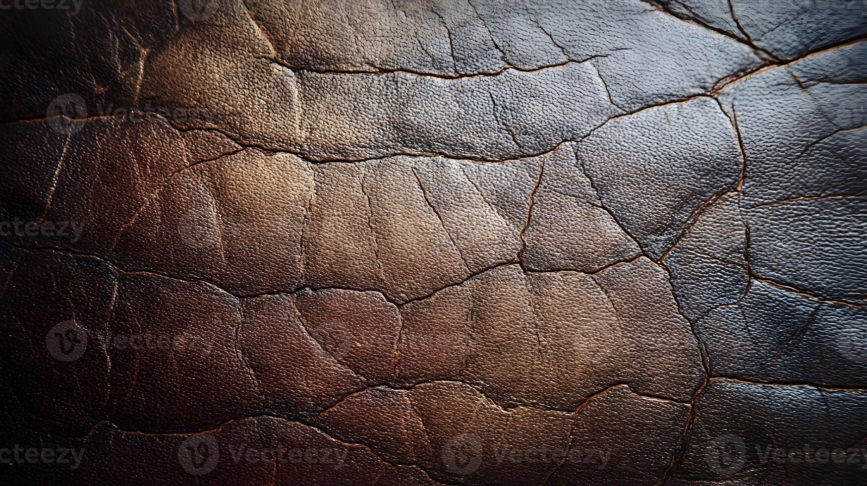 Detailed close up of cracked leather shows deep texture and variations in brown tone color tone surface photo