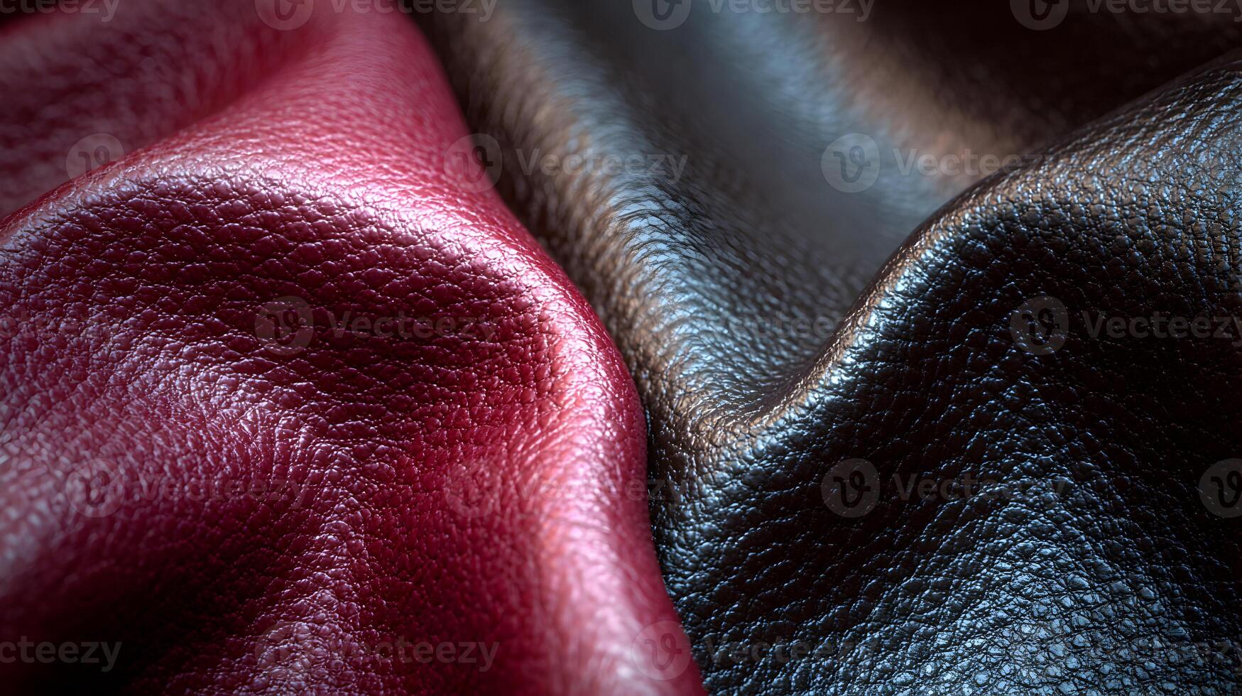 Close up of luxurious textured leather in deep red and black hues showing fine grain surface photo