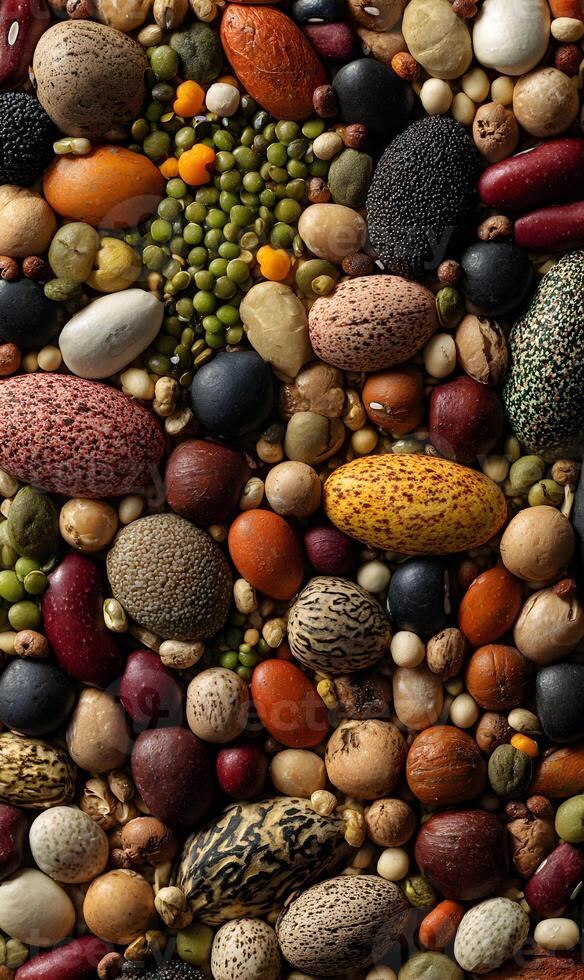 Assorted Colorful Legumes and Seeds Create a Vibrant and Textured Food Background or Healthy Eating Pattern photo