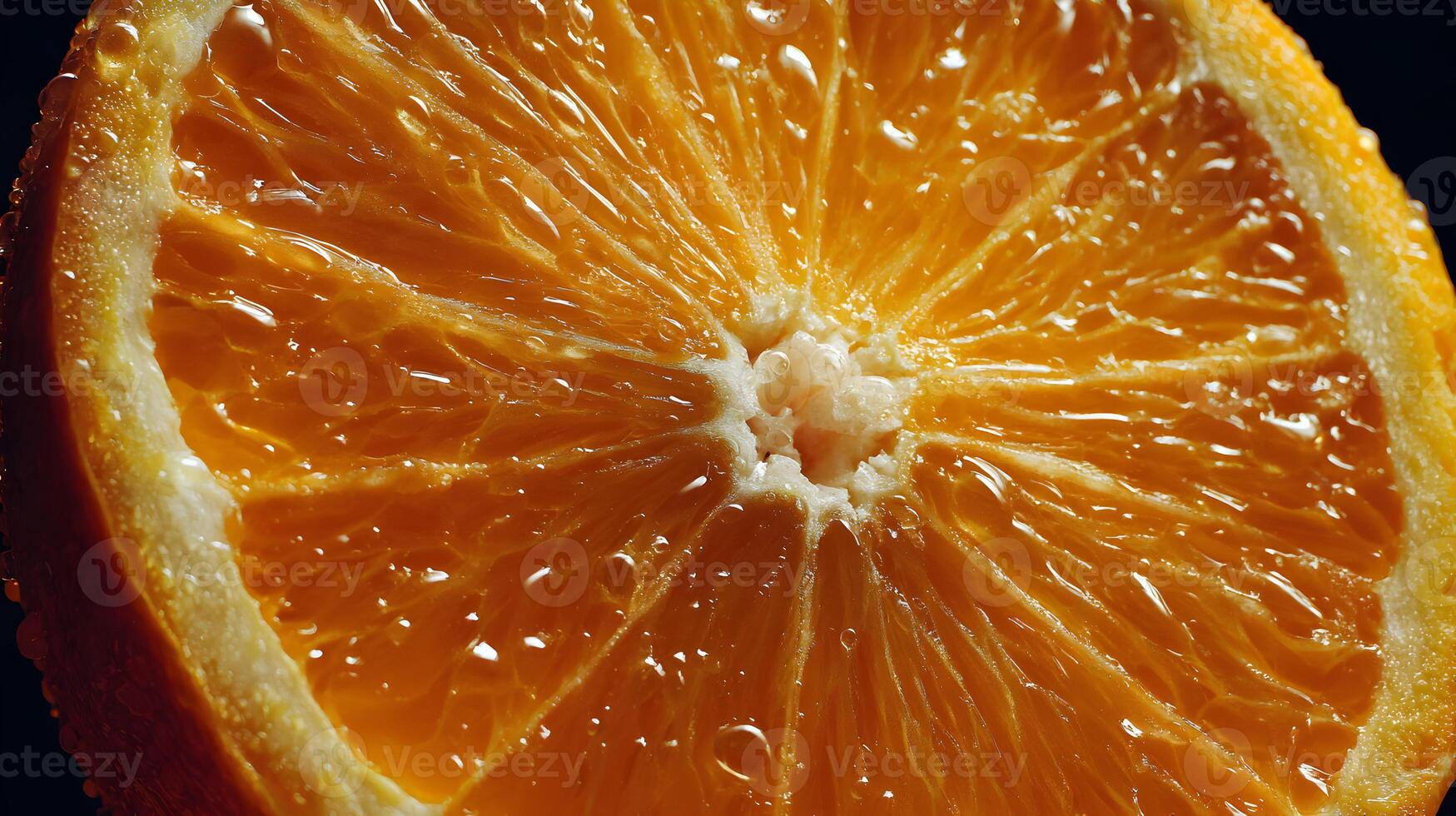 Vibrant close up of a fresh orange slice showcasing its juicy texture and refreshing qualities photo