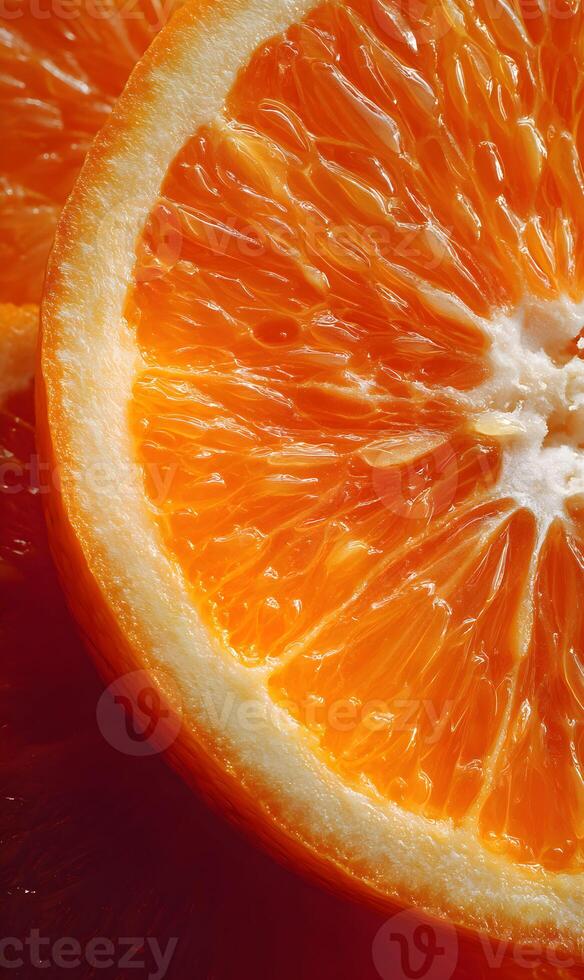 Vibrant orange slice showcasing its juicy pulp and refreshing appeal with a close up perspective rich color photo