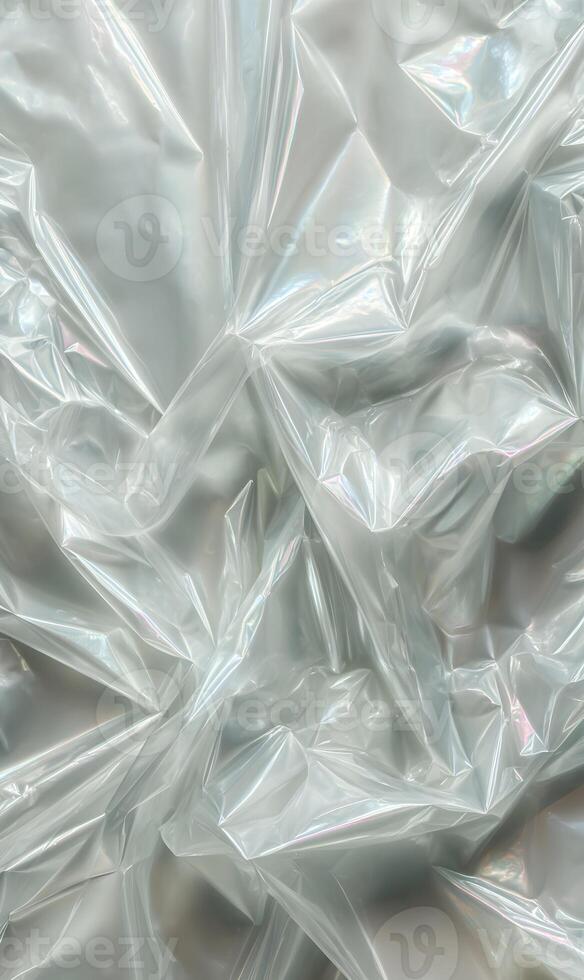 Crumpled shimmering plastic sheet with iridescent reflections abstract texture full frame close up background material photo