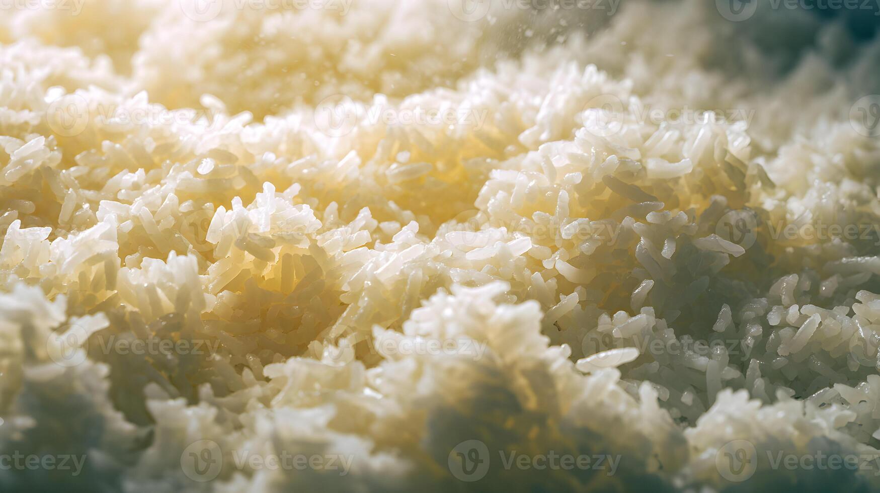 Steaming pile of cooked rice illuminated by warm light showcasing perfect texture and fluffiness photo