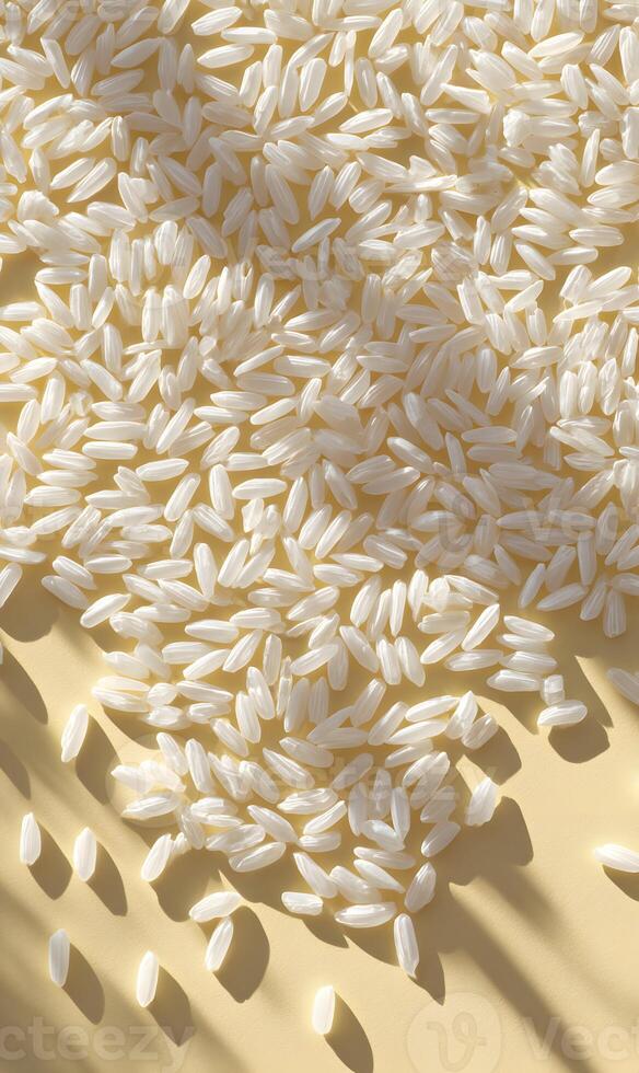 Aromatic rice grains scattered across a light yellow surface creating a textured organic pattern illuminated by sunlight photo